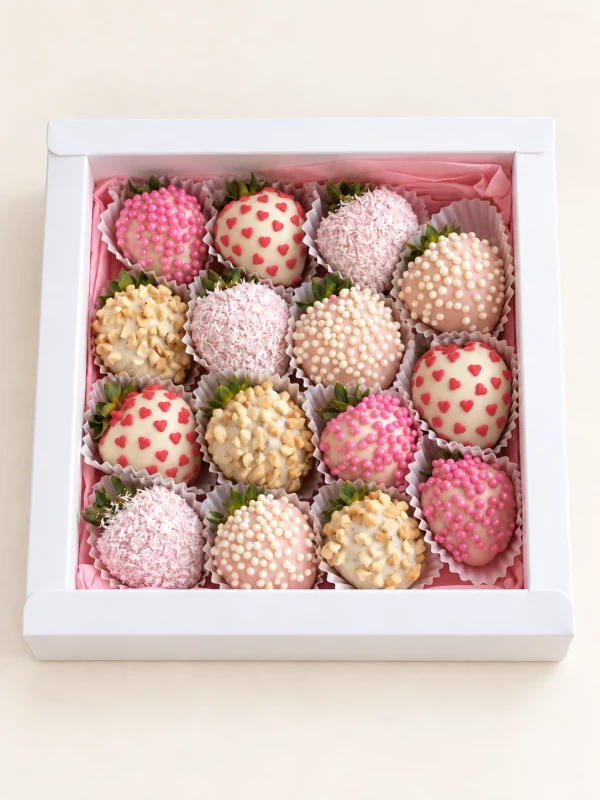 Клубничный бокс "Pink and White" — «Клубничный бокс Pink and White» — клубничный бокс Dolce Sweets из 9 ягод клубники в белом шоколаде и 6 ягод…